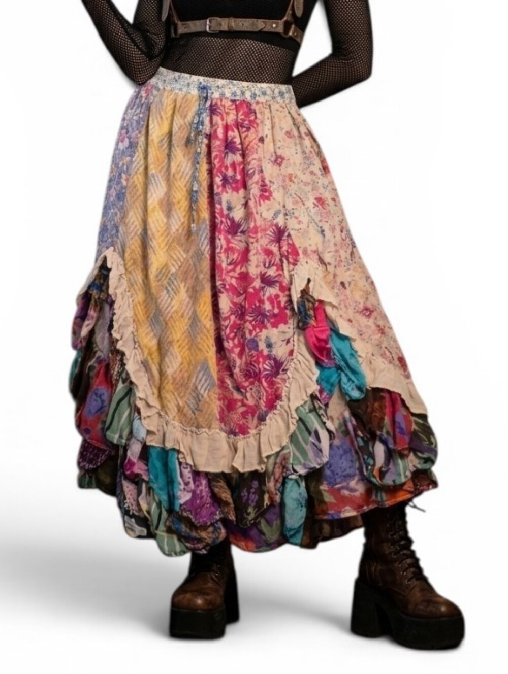 Young Threads Patchwork Maxi Skirt XL Boho Cottagecore Ruffle Floral Tiered